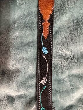Kids Black Leather Belt with Teal & Light Blue Arrow Embroidery